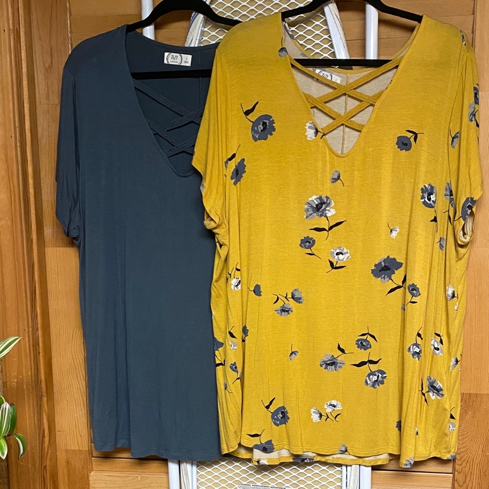 Maurices Mustard Floral and Dark Gray V-Neck Tops